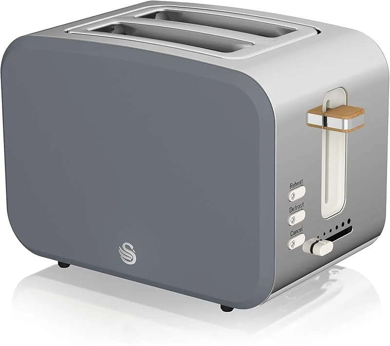 Swan Nordisk brödrost med bred slits 2 skivor 3 funktioner 6 nivåer trådnät modern design rostfritt stål och träeffekt handtag skiffergrå — Kök & Hushåll