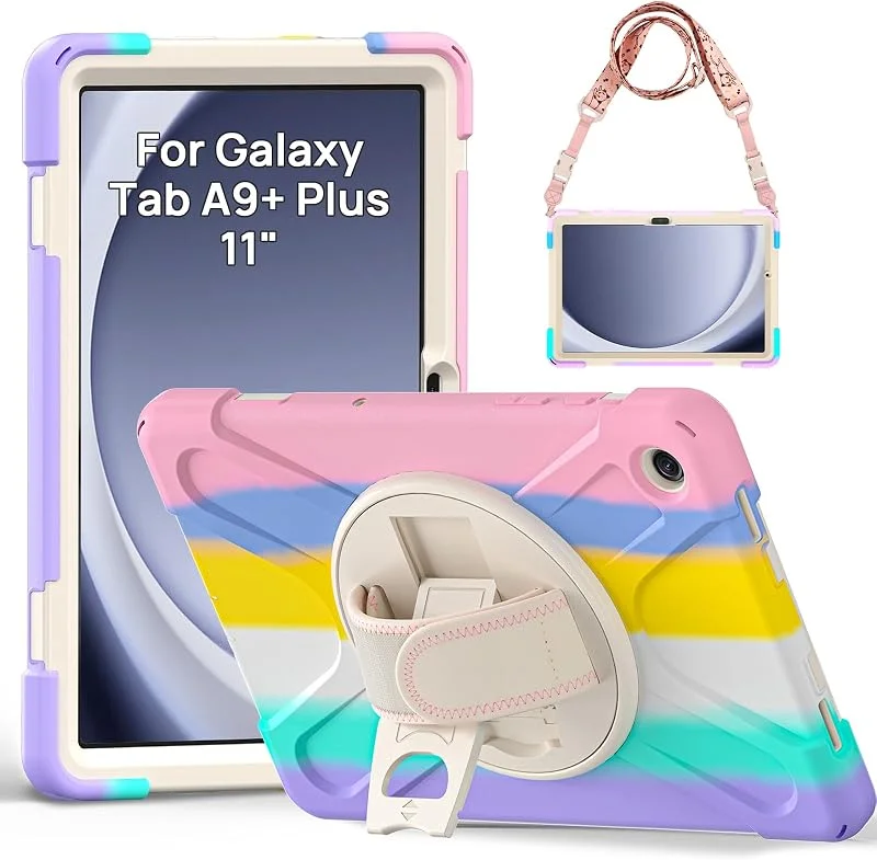 Gerutek för Samsung Galaxy Tab A9 Plus 11 tum 2023 stöttåligt fodral, SM-X210, X215, X216, slitstarkt robust fodral med 360 roterbart kickstand, hand- och axelrem, regnbåge — Mobil och surfplatta
