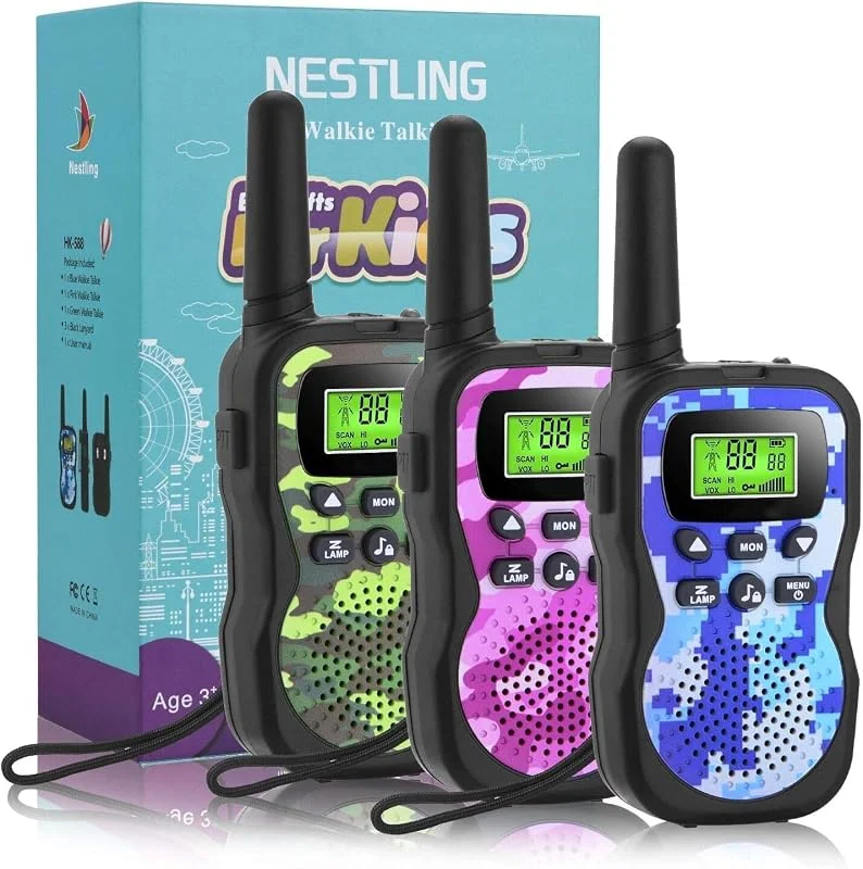 Nestling walkie-talkie-set, 3-pack, uppgraderad version Camouflage 8-kanal, tvåvägsradioleksak med bakgrundsbelyst LCD-ficklampa, 3 km räckvidd för barn, aktiviteter i — Portabel digital och ljud