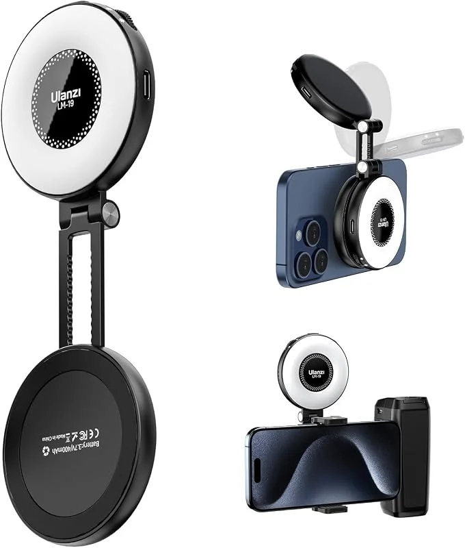 ULANZI LM19 Magnetisk Ljusring för Mobiltelefon, Selfie Ljus med 3 Färgtemperaturer 2500k-8500k CRI95, Vändbar Video Extension för iPhone 16 15, Live Streaming, Selfie — Mobil och surfplatta