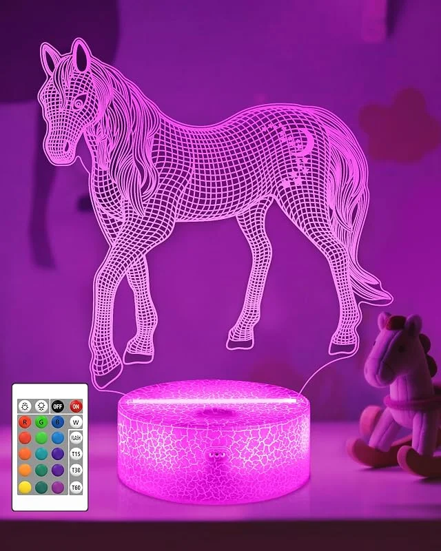 Häst 3D Illusion Lampa, Attivolife Häst Natt Ljus med Fjärrkontroll + Timer 16 Färgbyte Skrivbord Lampor Barn Djur Rum Dekor Ansluta Bäst Häftigt Festival Födelsedag Gåvor för Pojkar Män Barn — Smart belysning