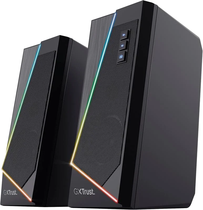 Trust Gaming GXT 609 Zoxa 2.0 PC-högtalare, 12 W toppeffekt, RGB-upplyst set, USB-drivet ljudsystem, 3, 5 mm aux, volymkontroll, stereodatorhögtalare för stationär och bärbar dator – svart — Hörlurar och ljud