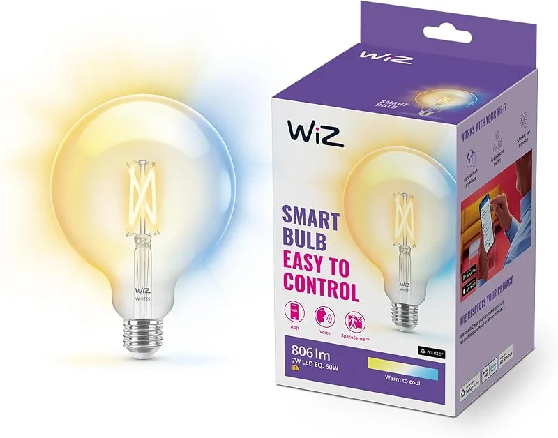WiZ Filament Tunable White - Smart LED belysning (WiFi och Bluetooth), 60W, G125, E27, 2700-6500 Kelvin, Dimbar i kallvitt till varmvitt, Klart glas — Smarta hem
