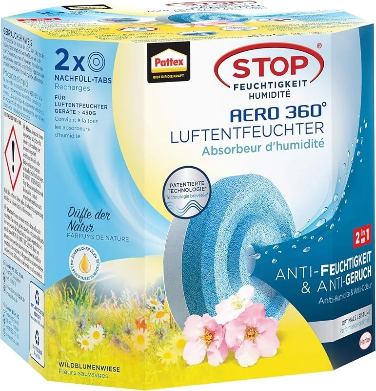 Pattex AERO 360° vild gräsmatta flikar påfyllningspaket, minskar fukt och dålig lukt, påfyllningstabletter för avfuktaren AERO 360°, 2-pack (2 x 450 g) — Hushållselektronik