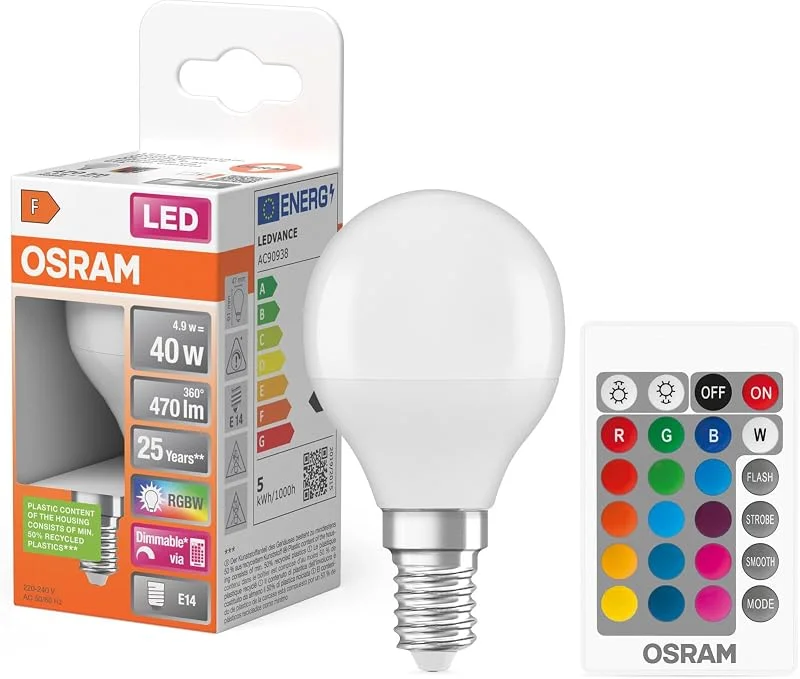 OSRAM STAR+ RGBW LED-lampa med E14-sockel, RGB-färger kan ändras via fjärrkontroll, 5, 5 W, droppform, ersättning för 40 W glödlampa, matt, LED Retrofit RGBW lampor med fjärrkontroll, enkelförpackning — Smart belysning