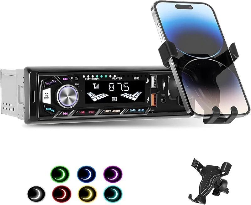 Inefala 1 DIN-radio med telefonhållare, Bluetooth 5.0 bilstereo handsfree, 1 DIN bilradio med fjärrkontroll, 7 färgers ljus, handsfree-samtal, USB snabbladdning, AUX-IN, TF, 45W X 4 — Mobil och surfplatta