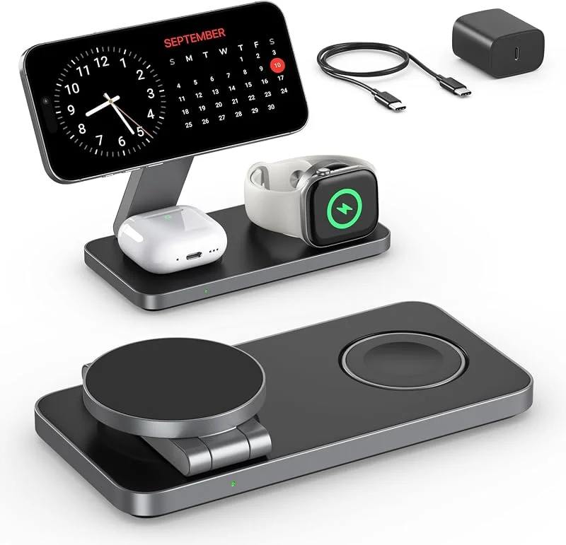 QTlier Induktiv laddningsstation, kompatibel med laddare. 3-i-1 laddningsstation för iPhone 15, 14, 13, 12, 30 W trådlös laddare, för Apple Watch 8, 7, 6, 5, 4, 3, 2, SE och AirPods — Mobil och surfplatta
