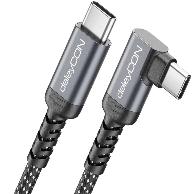 deleyCON 1, 5m USB-C-Kabel Vinkel 90° (60 W Snabbladdningskabel) C till C Vinklad för iPhone 17 16 15 Galaxy A16 A56 S25 S24 S23 Pixel iPad MacBook AirPods Surfplatta CarPlay — Mobil och surfplatta