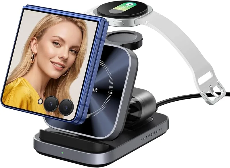 Hopvikbar Trådlös Laddare 3 i 1 för Samsung Z Flip 8, 7, 6, 5, Moto Razr 70, 60 — Mobil och surfplatta