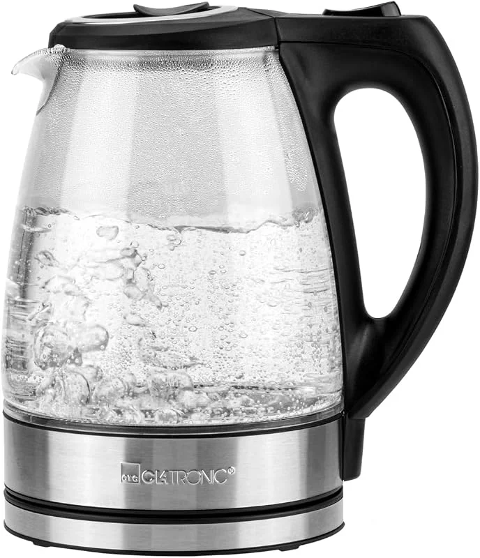 Clatronic® Glas-vattenkokare, vattenkokare, 1, 7 liter, glas-, rostfritt stål hölje, säkerhetslock, 360° vridbar kontakt, vattennivåvisning, 1850–2200 watt, WKS 3744 G — Kök & Hushåll