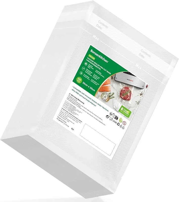 Bonsenkitchen Vakuum mattätningspåsar (20 x 30 cm) 100 påsar, BPA-fri, kommersiell kvalitet texturerad mat vakuumförseglingspåse, tjocka präglade påsar för matförvaring och sous vide-matlagning — Kök & Hushåll