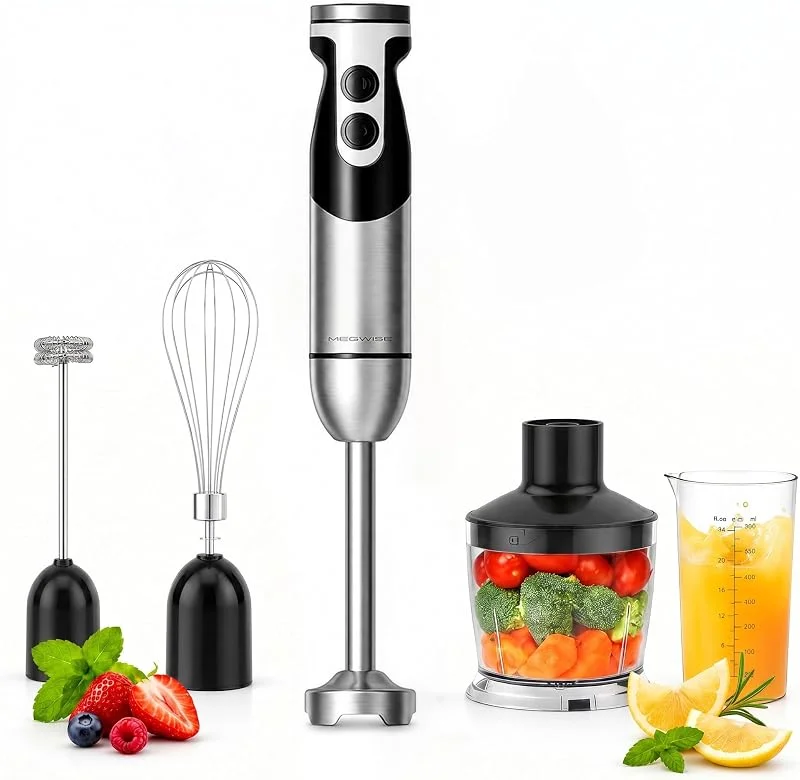 MegaWise 800 W svart handmixer, 5-i-1, 12-växlad turbo-läge, titanstålblad, handtag, med visp, hackare, kvarn och mätbägare — Kök & Hushåll
