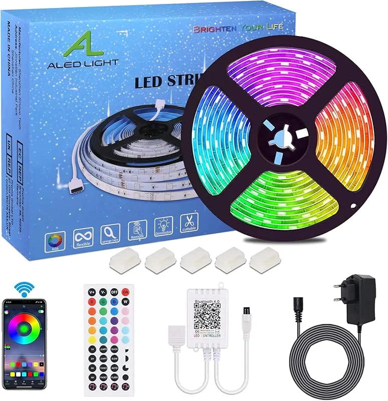 LED Strip RGB 5M SMD 5050 LED remsa, LED tejp, 12V strömförsörjning, 44 nycklar fjärrkontroll, LED ränder ljus band belysning [Energiklass F] — Smart belysning