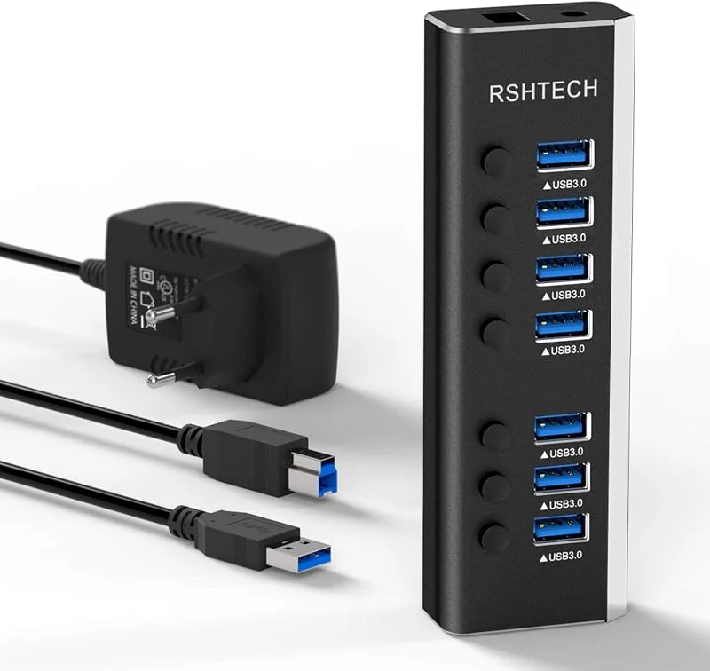 RSHTECH Aluminium USB Hub Aktiv 3.0 med 24W(12V, 2A) strömförsörjning 7 Port USB 3.0 Powered Data Hub och Individuell USB Port Expander on, off Switch för PC och Bärbara Datorer (RSH-A37S) — Laddning och kablar