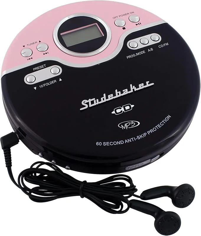 Studebaker SB3703PBB Retro joggingbar personlig CD-spelare med FM-radio, rosa, SB3703PBB CD-spelare, användarmanual, stereohörlurar, 3, 5 mm uttag — Portabel digital och ljud