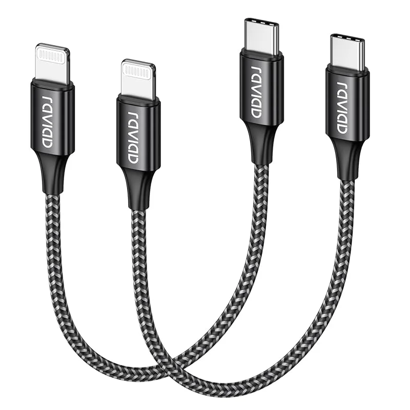 RAVIAD USB C till Lightning-kabel kort [2-pack 0, 3 m] iPhone-laddningskabel MFi-certifierad strömförsörjande nylon USB C Lightning-kabel för iPhone 14, 13 Pro Max, 12 Pro Max, 12, 11 Pro, X, XS, XR, SE-Svart — Mobil och surfplatta