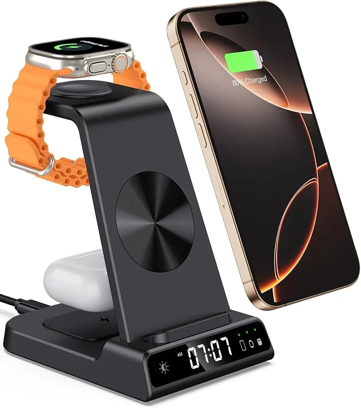 Laddningsstation för Apple, 3 i 1 Trådlös Laddare med Klocka för 15, 14, 13, 12, 11, Pro, Pro Max, Plus, SE, XR, XS, X, Laddningsställ för Apple Watch Series 9, 8, 7, 6 (Utan Adapter) — Mobil och surfplatta