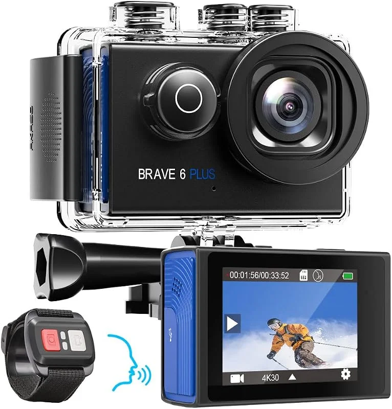 AKASO Action Cam 4K30FPS 20MP WiFi actionkamera med pekskärm EIS 4X zoomfjärrkontroll 40 m undervattenskamera med 2 x 1 350 mAh batterier och hjälmtillbehörssats — Portabel digital och ljud