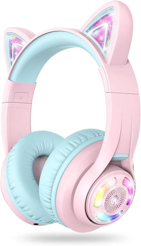 iClever BTH13 Barnhörlurar med bluetooth och kattöron, LED-upplysta trådlösa hörlurar för barn med begränsad volym (74, 85, 94 dB), 50 h speltid, med mikrofon, över örat för skola, surfplatta, dator — Hörlurar och ljud
