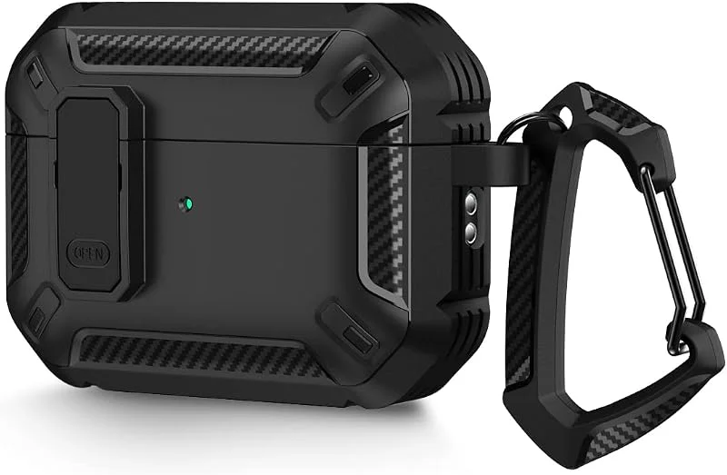 AirPods Pro 2 Generation 2022-fodral med låsbart lock och nyckelringskrok, robust stöt- och dammbeständigt fodral i dubbla lager (svart) — Mobil och surfplatta