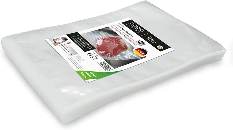 CASO Sigillkantspåse 25 x 35 cm, 90 mμ, 100 stycken, uteslutande för kammarvakuumförpackare, slät yta, stabil svetssöm, BPA-fri, sous vide, tillverkad i Tyskland — Kök & Hushåll