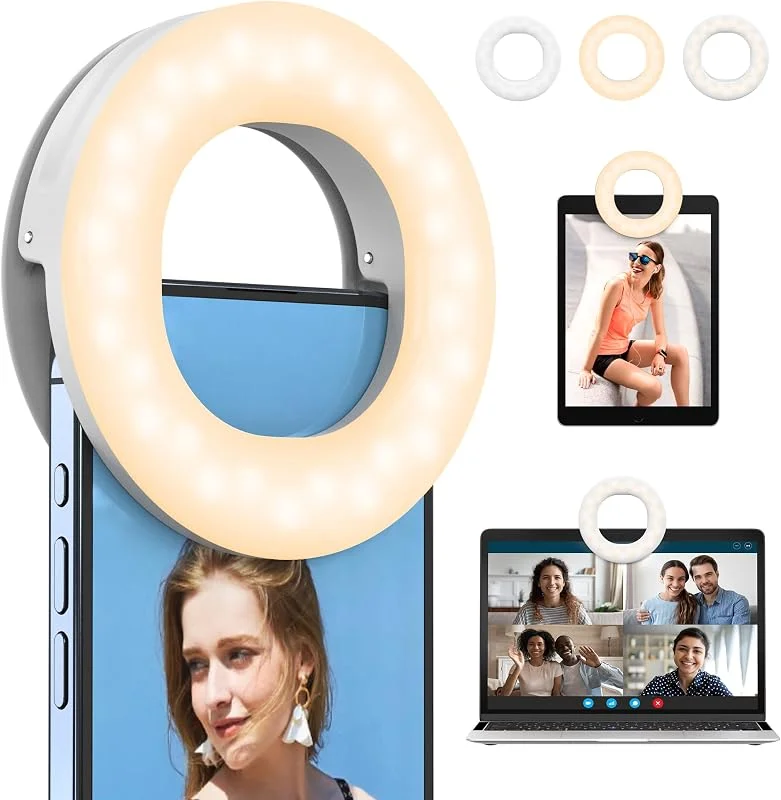 Ringlampa med klämma, uppladdningsbar selfie-fillampa, bärbar selfie-ringlampa med 3 justerbara ljuslägen, videokonferenslampa för iPhone, laptop, iPad, zoom-möte, sminkning, video — Mobil och surfplatta