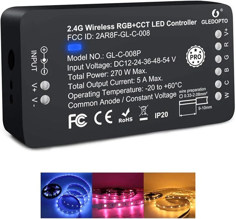 GLEDOPTO ZigBee 3.0 LED-styrenhet Pro RGB RGBW Strip Controller Smart APP röststyrning fungerar med Amazon Echo Plus RF (Wide Voltage DC12V-24-36-48-54V) — Smarta hem