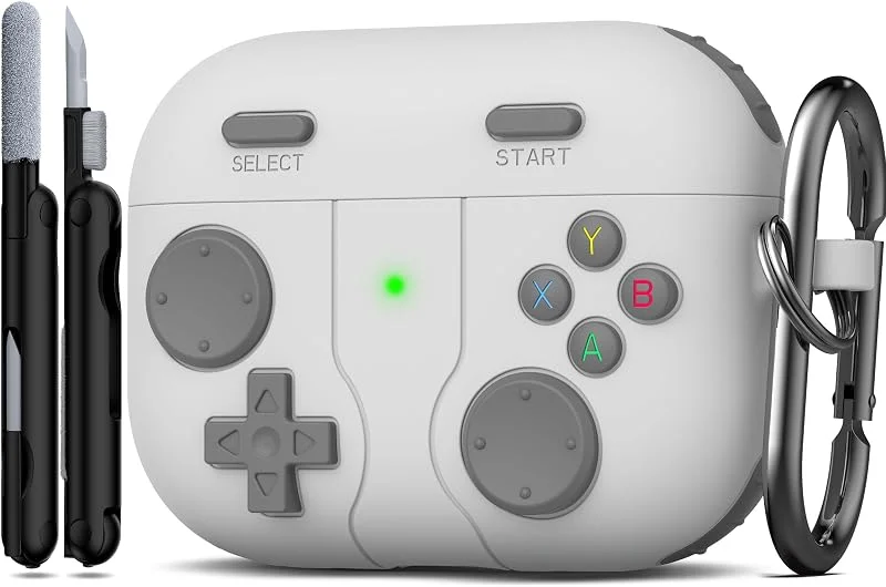 R-fun för AirPods Pro 3 fodral, silikonspelkonsol designfodral för Apple AirPods Pro 3:e generationen (USB-C-kabel), med rengöringssats och karbinhake, ljusgrå — Mobil och surfplatta