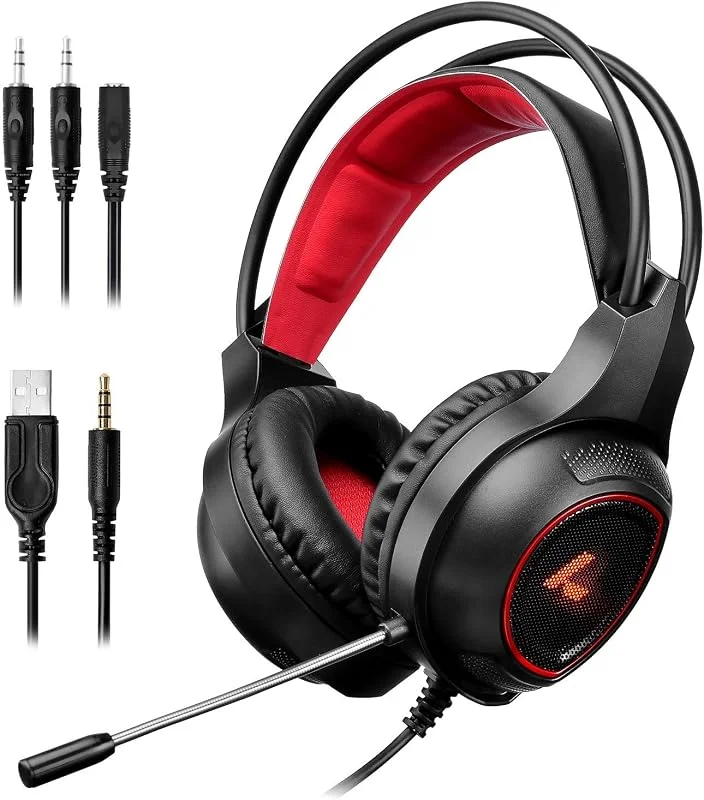 LYCANDER Gaming headset med mikrofon LED-lampa, 3, 5 mm ingång – för PC, PS4, Xbox One, Nintendo Switch och mer (Essential – svart, röd) — Hörlurar och ljud