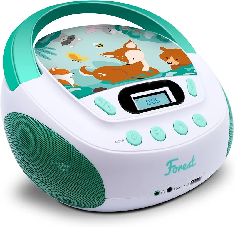 MOOOV 477147 Forest MP3 CD-spelare för barn och USB-port - AUX-in - hörlursuttag - bärbar station med bärhandtag - nätström eller batterier - grön och vit — Portabel digital och ljud