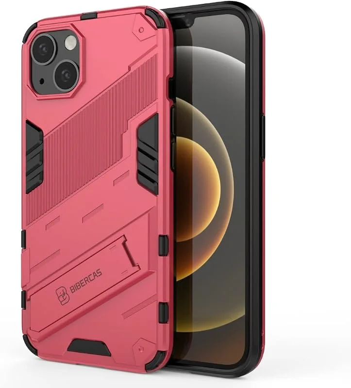 EASSGU Telefonfodral för iPhone 13 (6, 1 tum), med ställ PC silikon stötsäker rustning skyddande fodral – rosa — Mobil och surfplatta