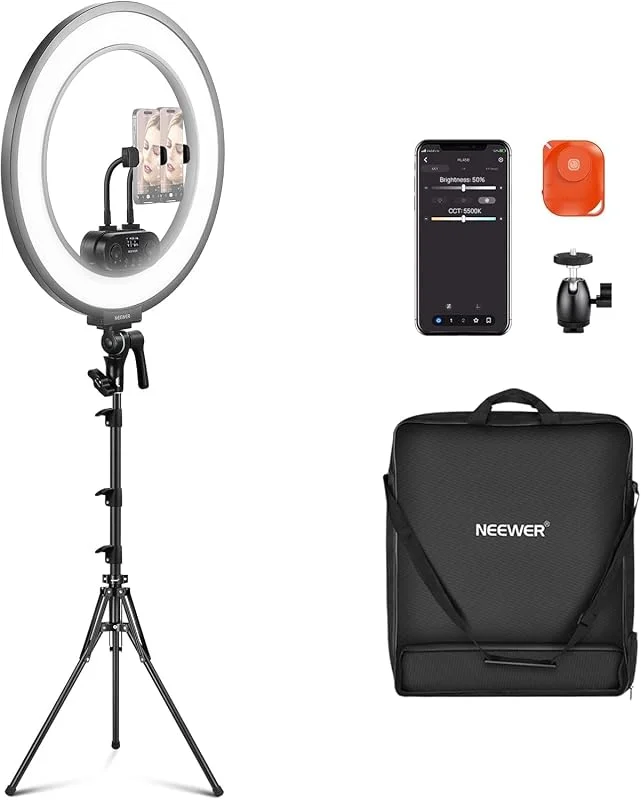 NEEWER 18" ringljusset med kantbelysning, 45W, 3300Lux, 2900K-7000K, 12 scener, ringljus med APP, 2.4G PC, Mac-styrning, fjärrkontroll och stativväska för makeup, TikTok, Ins och livestreaming, RL45B — Mobil och surfplatta