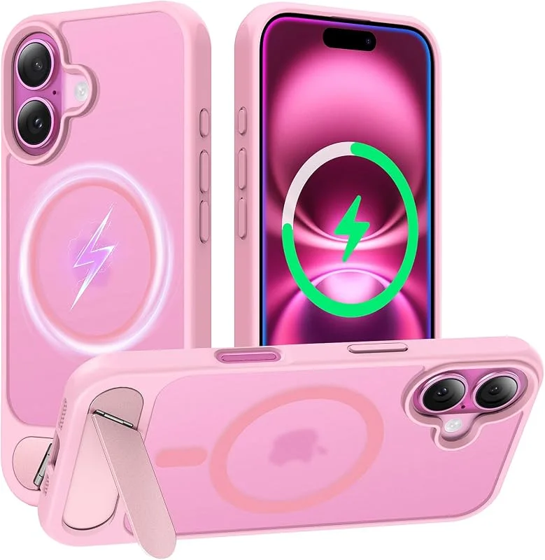 TAURI för iPhone 16 Skal 6, 1" med Justerbar Ställare, Kompatibelt med MagSafe, Halvgenomskinlig Matta Baksida, Militärkvalitet, Stötsäkert Genomskinligt Mobilskal Stativ Case - Rosa — Mobil och surfplatta