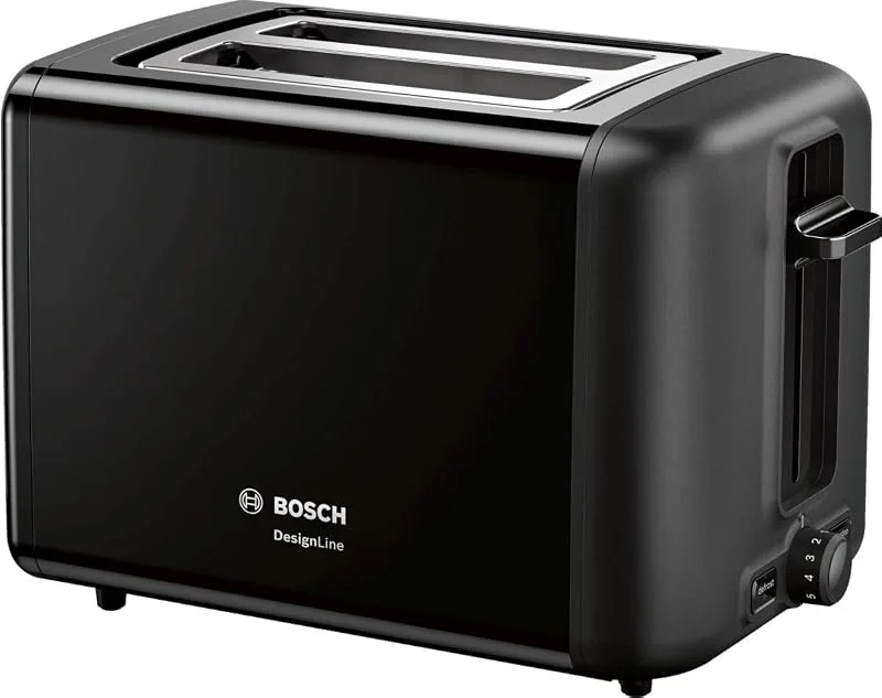 Bosch Kompakt brödrost DesignLine TAT3P423DE, integrerad brödhållare i rostfritt stål, med automatisk avstängning, med avfrostningsfunktion, perfekt för 2 skivor bröd, lyftfunktion, bred, 970 W, svart — Kök & Hushåll