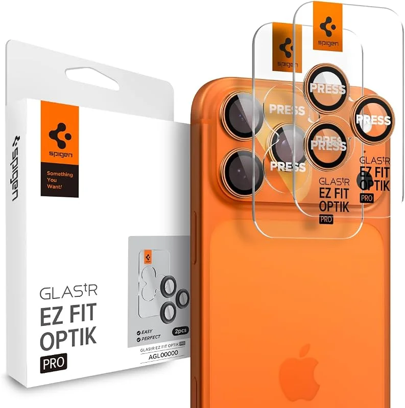 Spigen Glas.tR EZ Fit Optik Pro Kamera Skärmskydd kompatibel med iPhone 17 Pro, iPhone 17 Pro Max, 2 Stycken, Kosmiskt orange, Inget fel på blixtfunktionen, 9H härdat Glas — Mobil och surfplatta
