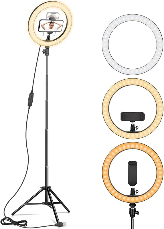 Ringlampa 10 tum med 67 tum utökat stativ och telefonhållare för YouTube-video, kamera LED-ringlampa för streaming, smink, selfiefotografi kompatibel med iPhone Android — Mobil och surfplatta