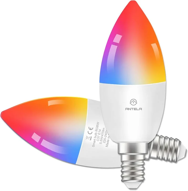 ANTELA Smart Wifi Glödlampa E14, 4.5W, 385 Lumen, 16 Miljoner Färger, 2700-6500K, Smarta Lampor Kompatibel med Alexa, Google Home, Fjärrstyrning, Scheman och Timers, 2 Pack — Smarta hem