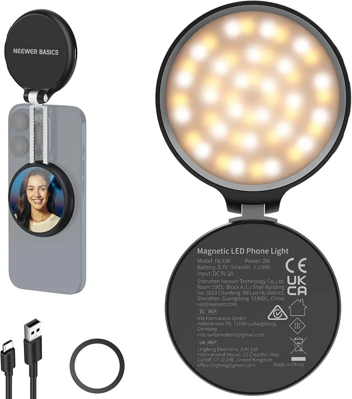 NEEWER BASICS Magnetic Selfie LED-ljus kompatibel med MagSafe iPhone, Telefonhållare med sminkspegel, 1160lx, 0, 2 m 900 mAh CRI95, fyllningsljus för videostreaming, svart NL48R — Mobil och surfplatta