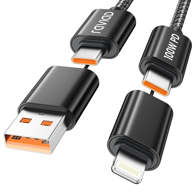 RAVIAD Multi Laddningskabel [1M] 4-i-1 multipel, 100 W PD-kabel med USB-C, USB A till Lightning, Typ-C-gränssnitt USB-laddningskabel för iPhone 17, 16, 15, 14 Pro, Samsung S25, S24, S23, MacBook, iPad — Mobil och surfplatta