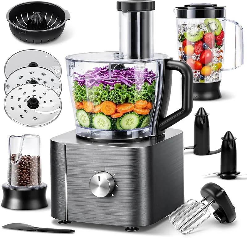 TopStrong Matberedare 1100W, multifunktionell matberedare, 11 funktioner mathackare, 3, 2L skål & 1, 5L behållare, minihackare, uppgraderingsskärskiva, citruspress, knådningshackare Grå — Kök & Hushåll