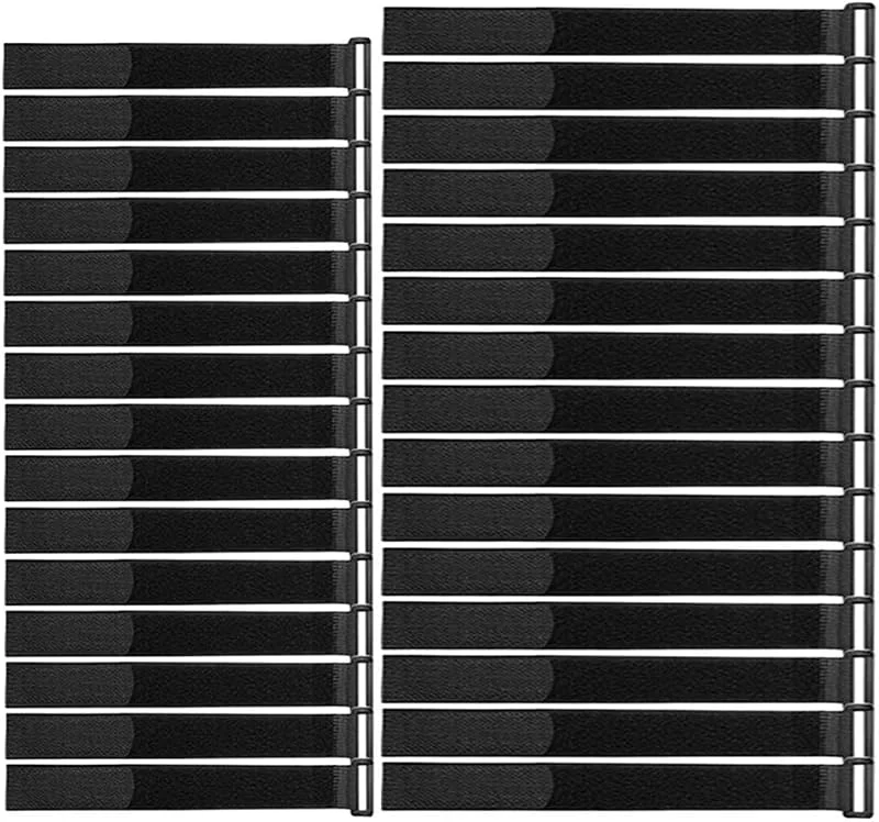 30 Stycken Svart Nylon Kabelband Set, Återanvändbara Kabelremmar, Justerbara Kardborreband Buntband, Multifunktionell Kabelorganisatör (20 cm, 30 cm) — Laddning och kablar
