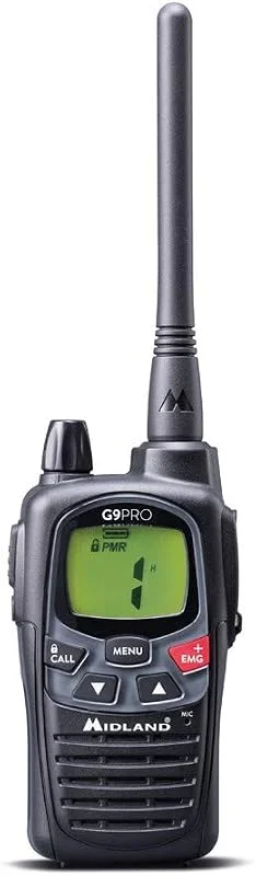 Midland G9 Pro-radio, vattentät IPX4-certifierad Outdoor Walkie Talkie, med 32 PMR446-kanaler, AA 1800 mAh batterier, golvladdare och bältesklämma, C1385 — Portabel digital och ljud