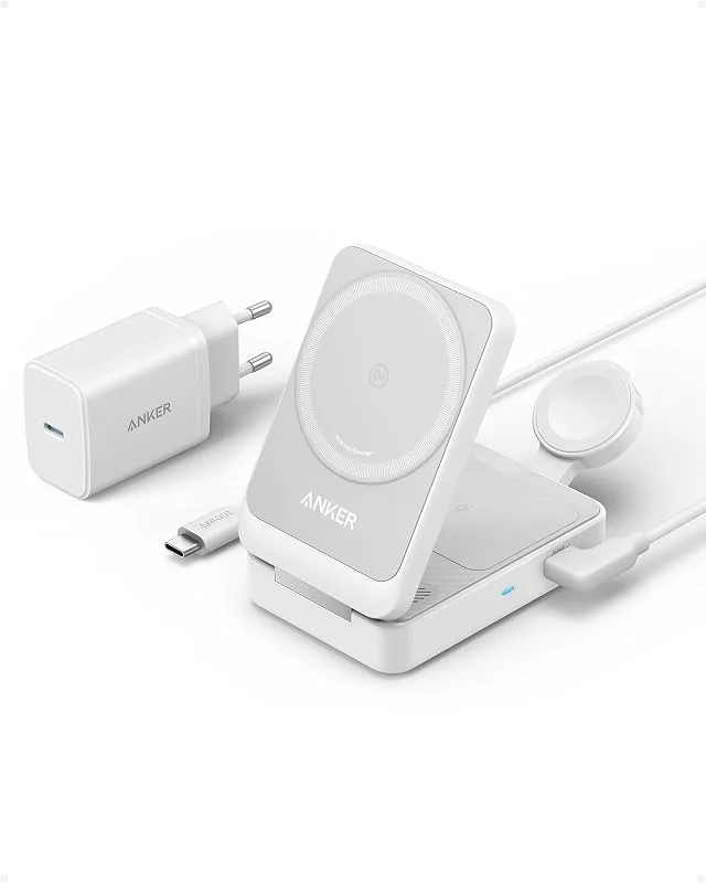 Anker MagGo 3-i-1 laddstation, Qi2-certifierat 15W trådlöst laddningsställ, MagSafe-kompatibelt, Apple Watch-laddare, för iPhone 16, 15, 14, AirPods, Apple Watch 9 (med 40W USB-C-strömförsörjning) — Mobil och surfplatta