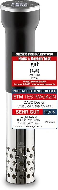 CASO SV400 Sous Vide Stick, för behållare upp till 20 l volym, 25–90 °C i steg om 0, 5 °C, IPX7, platsbesparande design, testvinnare i huset och trädgårdstest — Kök & Hushåll
