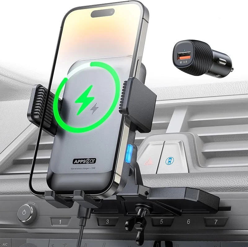 APPS2Car Trådlös billaddare, montering, CD-fack, automatisk fastspänning 15 W, snabbladdande CD-telefonhållare för bil, trådlös laddare, passar för iPhone 16 15 14 13 12 Pro Max, Samsung S23 Ultra — Mobil och surfplatta