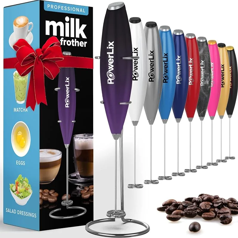 PowerLix Mjölkskummare handvisp – elektrisk mjölkskummare med stativ i rostfritt stål 15-20 s, kraftfull 19 000 varv, min, minidryckesmixer, kaffe-skummare för latte, cappuccino, varm choklad, svart — Kök & Hushåll
