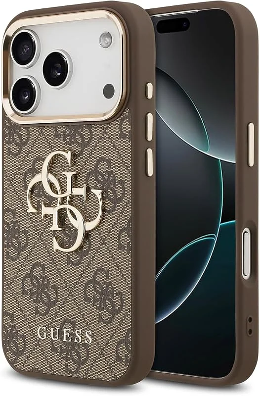 Guess [Officiellt licensierat] av CG MOBILE Skyddsfodral Designat för iPhone 17 Pro, Magnetiskt kompatibelt, 4G PU-läderfodral med stort 4G och klassiskt logotyp och guldmetallkameraram - Brun — Mobil och surfplatta