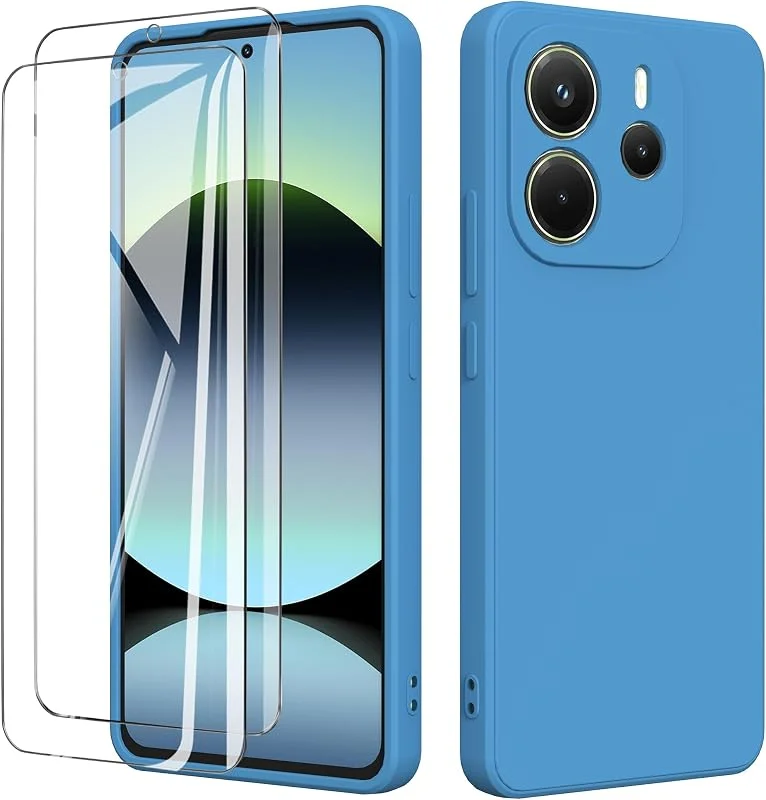 Fodral för Xiaomi Redmi Note 14 4G med 2 stycken skyddsfilmer och tunt mjukt TPU-stötsäkert flytande silikonfodral, anti-repor med mikrofiberskyddsfodral – blå — Mobil och surfplatta