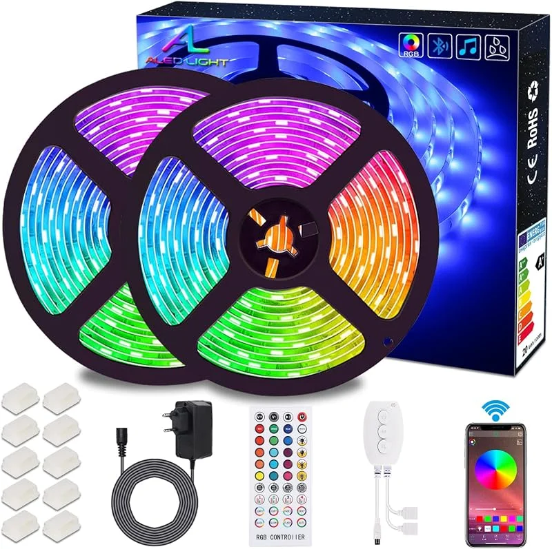 Bluetooth LED remsa, ALED LIGHT vattentät LED remsa 2x5m (10m) 5050 SMD RGB, kontrolleras av Android och iOS smartphone applikationer, med Bluetooth-mottagare, 12V strömförsörjning, infraröd fjärrkont — Smart belysning