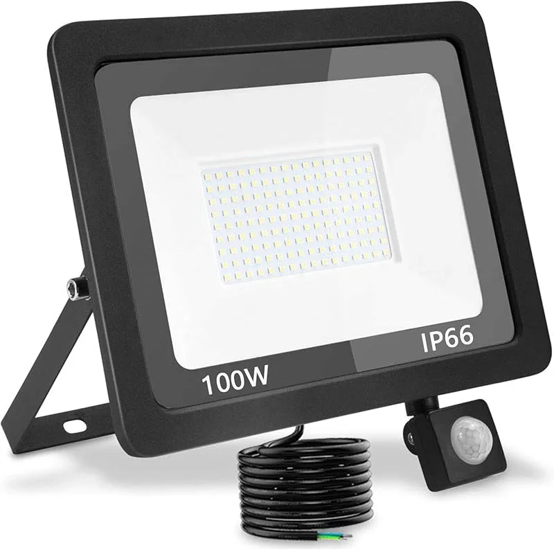 LED-utomhusstrålkastare med rörelsedetektor, 100 W, 10 000 lm, varm vit, 3500 K, IP66, vattentät, LED-spot för trädgård, garage, gård — Smarta hem